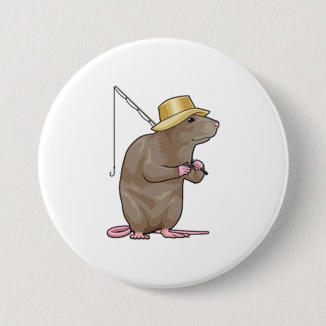 Badge Rond 7,6 Cm Rat à la pêche avec bâton de pêche (Devant)