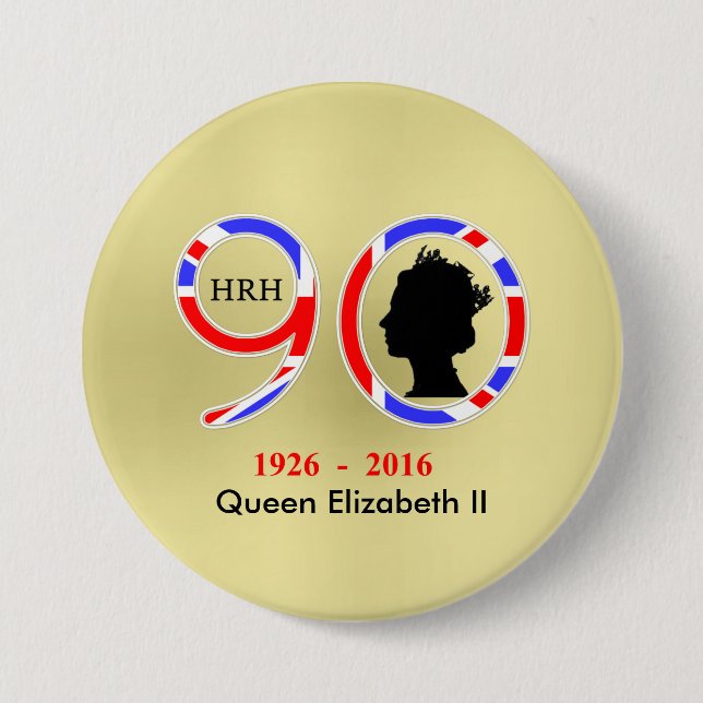 Badge Rond 7,6 Cm Reine Elizabeth II d'Angleterre 90e anniversaire (Devant)