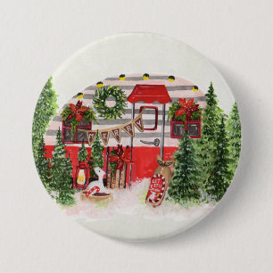 Badge Rond 7,6 Cm Remorque de Noël Camper Scène rustique