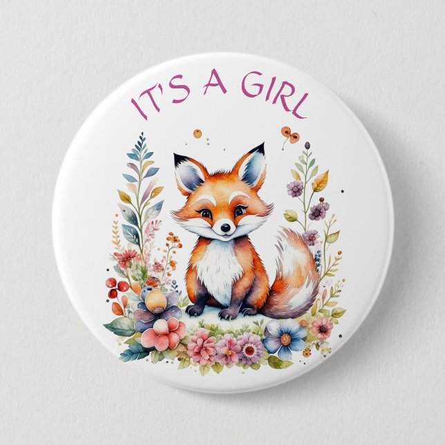 Badge Rond 7,6 Cm Renard bébé en fleurs | Baby shower C'est une fill (Devant)