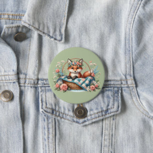 Badge Rond 7,6 Cm Renard floral dans un panier avec courtepointe et