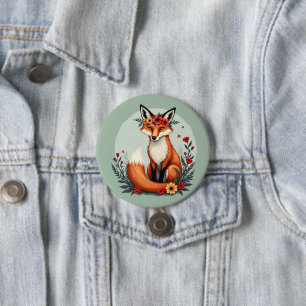 Badge Rond 7,6 Cm Renard Floral Envoûtant Art Populaire de la Forêt