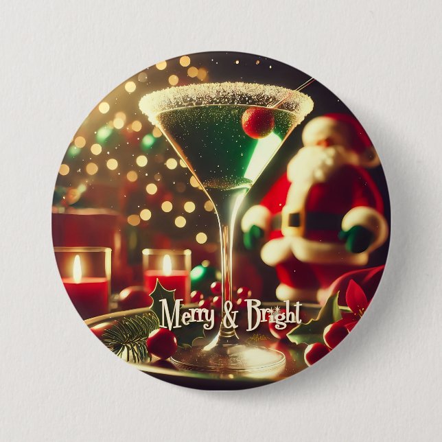 Badge Rond 7,6 Cm Retro 50s Santa Christmas Green Martini (Devant)