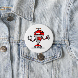 Badge Rond 7,6 Cm Retro Robot Cartoon amusant Rouge et Argent AI Bot