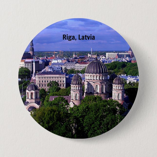 Badge Rond 7,6 Cm Riga, Lettonie, paysage urbain, (Devant)