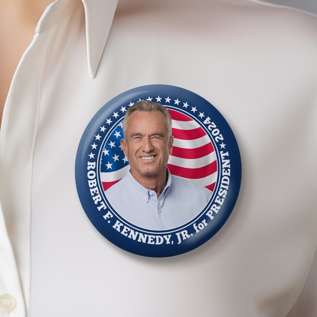Badge Rond 7,6 Cm Robert F Kennedy JR RFK photo et drapeau 2024 (Kennedy 2024 Button)