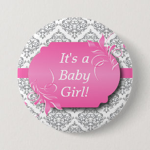 Badge Rond 7,6 Cm Rose avec le motif gris de damassé