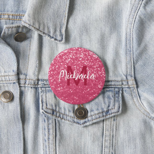 Badge Rond 7,6 Cm Rose faux pailleté rose clair Monogramme (En situation)