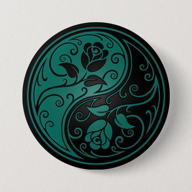 Badge Rond 7,6 Cm Roses bleus et noirs turquoises de Yin Yang (Devant)