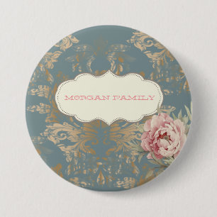 Badge Rond 7,6 Cm Roses en Damas doré Élégant Chic