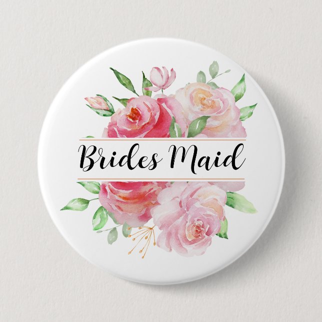 Badge Rond 7,6 Cm Roses roses et verdure Monogramme floral (Devant)