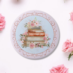 Badge Rond 7,6 Cm Roses roses roses et livres floraux aquarelle vint