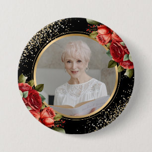 Badge Rond 7,6 Cm Roses Rouges Photo Or Noir