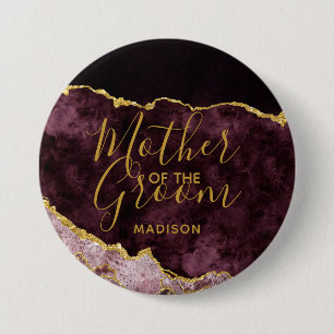 Badge Rond 7,6 Cm Rouge Bourgogne Doré Feuille d'Agate Belle-Mère du
