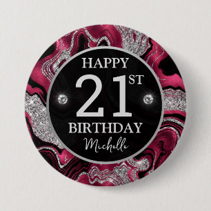 Badge Rond 7,6 Cm Rouge élégant et argent paillettes Agate Anniversa