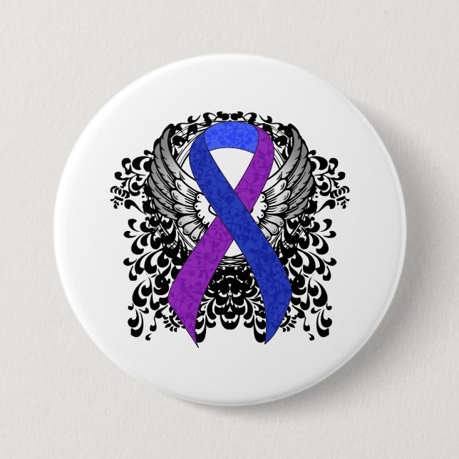 Badge Rond 7,6 Cm Ruban bleu et violet avec ailes (Devant)