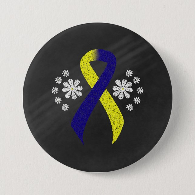 Badge Rond 7,6 Cm Ruban de sensibilisation bleu et jaune (Devant)