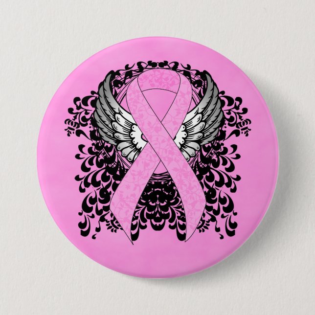 Badge Rond 7,6 Cm Ruban de sensibilisation rose avec ailes (Devant)