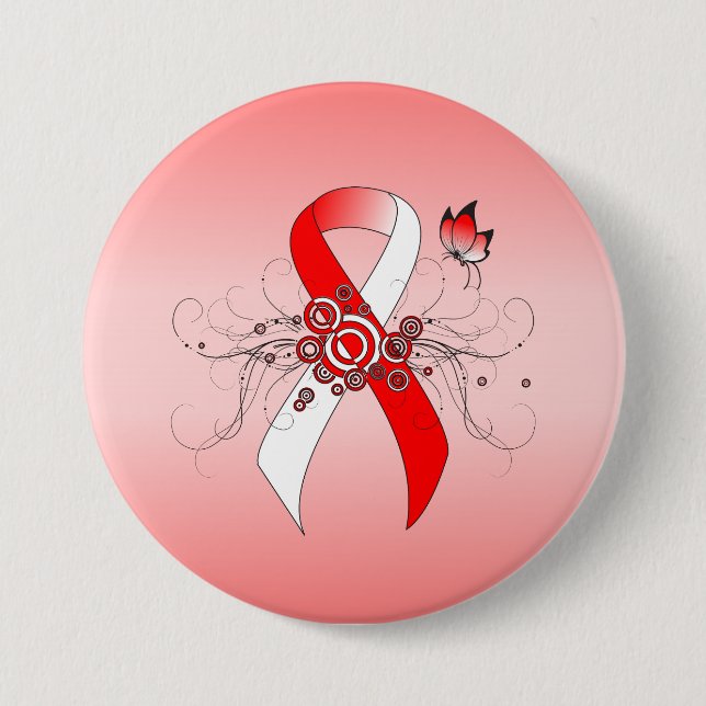 Badge Rond 7,6 Cm Ruban rouge et blanc avec papillon (Devant)