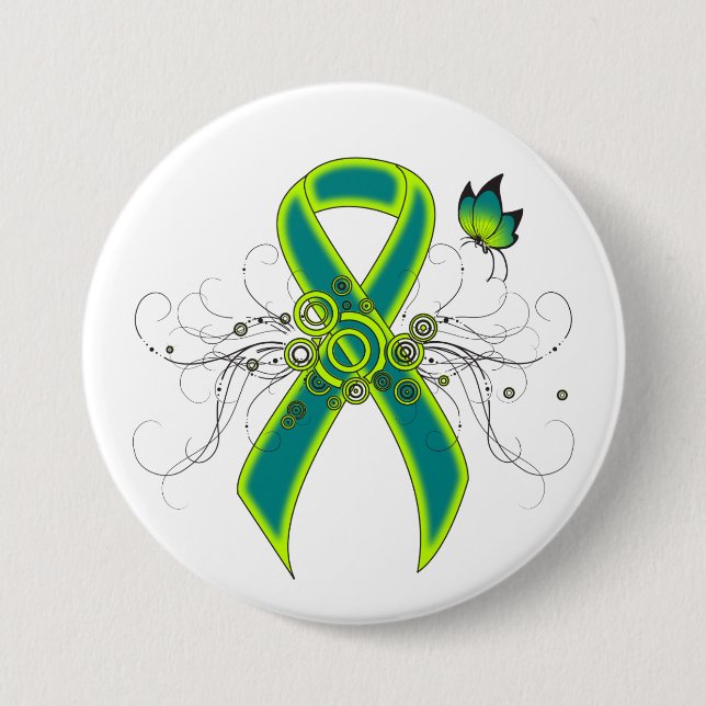 Badge Rond 7,6 Cm Ruban vert turquoise et citron vert avec papillon (Devant)