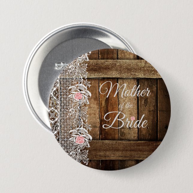 Badge Rond 7,6 Cm Rustic Grange Bois et dentelle Mariage Mère en dro (Devant & derrière)