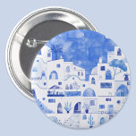 Badge Rond 7,6 Cm Santorin Grèce Aquarelle Townscape<br><div class="desc">Une aquarelle représentant la belle île grecque de Santorin en bleu et blanc.</div>