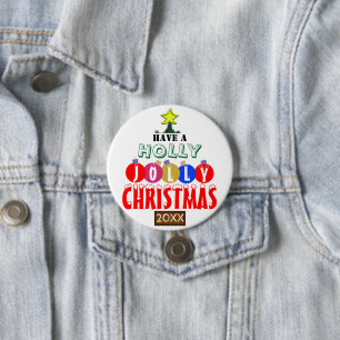 Badge Rond 7,6 Cm Sapin de Noël Joyeux Ornements Rouge Bleu Or