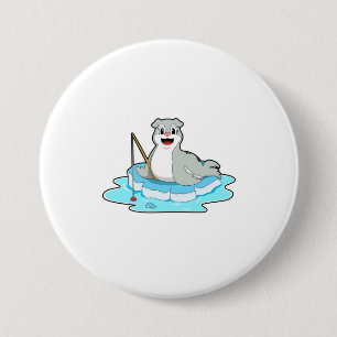 Badge Rond 7,6 Cm Sceau à la pêche avec canne à pêche