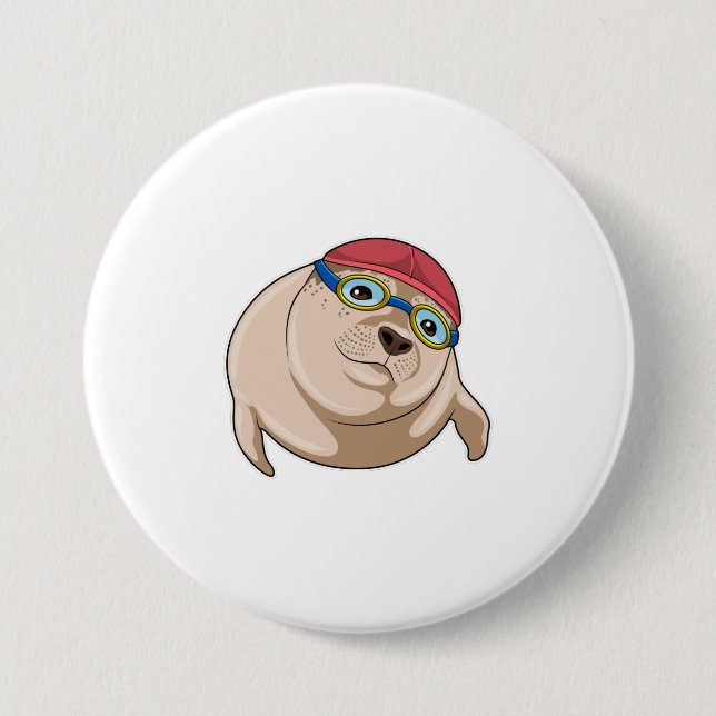 Badge Rond 7,6 Cm Sceau à nager avec lunettes de natation (Devant)