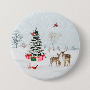 Badge Rond 7,6 Cm Scène boisée de Noël d'hiver
