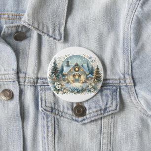 Badge Rond 7,6 Cm Scène de Cabane enneigée lumineuse