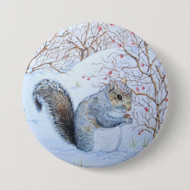 Badge Rond 7,6 Cm scène de neige d'écureuil gris (Devant)