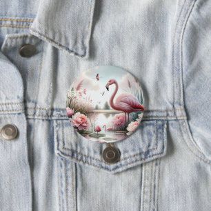 Badge Rond 7,6 Cm Scène florale de flamant rose dans un étang pastel