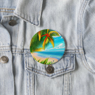Badge Rond 7,6 Cm Scène Tropical Beach Palm Tree