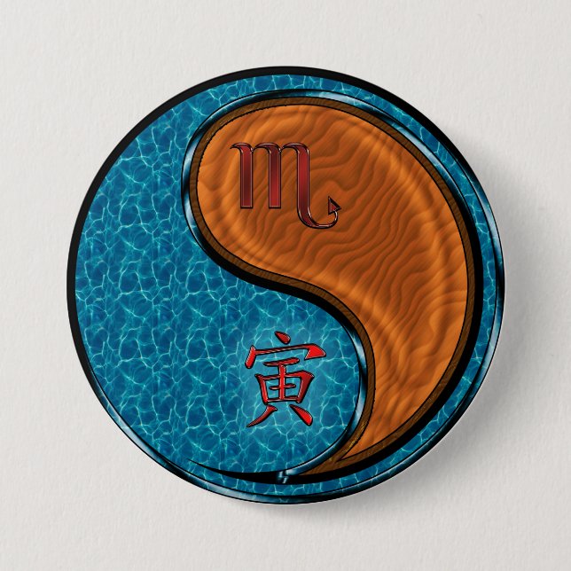 Badge Rond 7,6 Cm Scorpion & Tigre de Bois (Devant)
