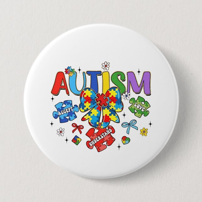 Badge Rond 7,6 Cm Sensibilisation sur l'autisme Bow Coquette Puzzle  (Devant)