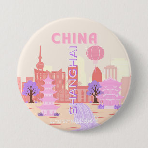 Badge Rond 7,6 Cm Shanghai Chine Pastel Art de Voyage
