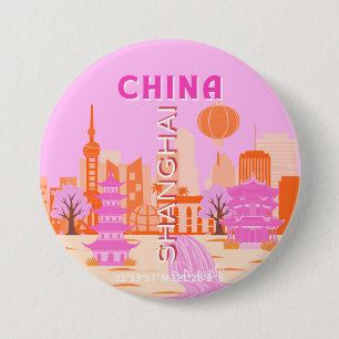 Badge Rond 7,6 Cm Shanghai Chine Rose Voyage Art