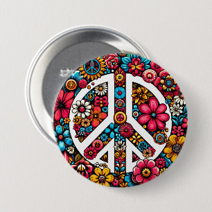 Badge Rond 7,6 Cm Signe de paix avec des fleurs