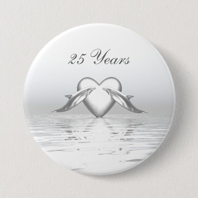 Badge Rond 7,6 Cm Silver Anniversary Dolphins et Heart (Devant)