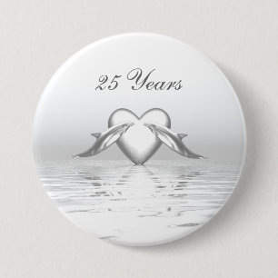 Badge Rond 7,6 Cm Silver Anniversary Dolphins et Heart