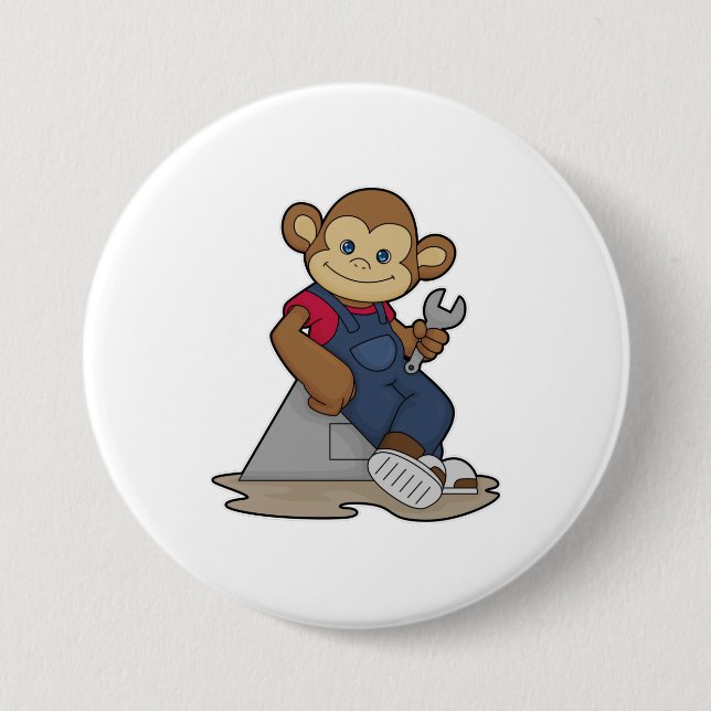 Badge Rond 7,6 Cm Singe comme mécanicien avec clé (Devant)