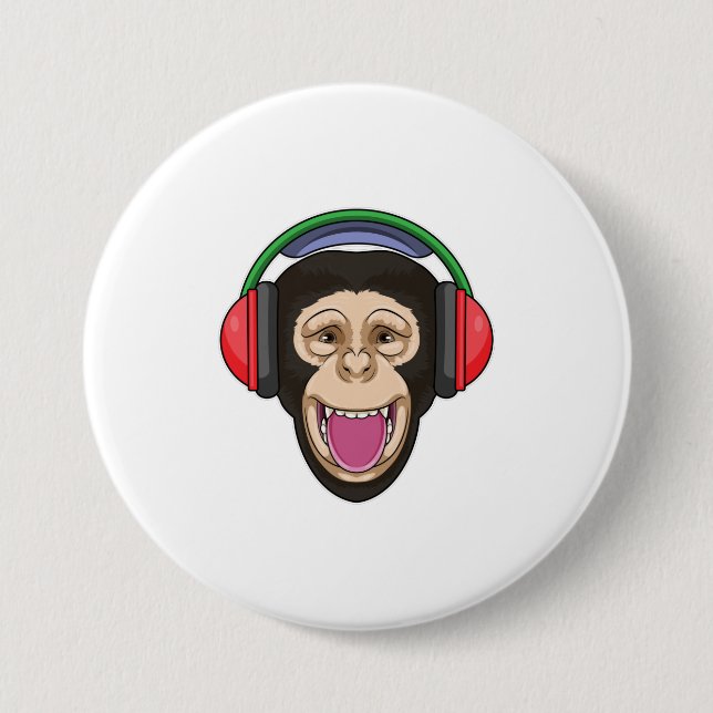 Badge Rond 7,6 Cm Singe dans la musique avec casque (Devant)