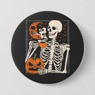 Badge Rond 7,6 Cm Skeleton Boire Café Lover Halloween Crâne RO
