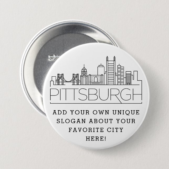 Badge Rond 7,6 Cm Skyline de Pittsburgh City | Bouton Slogan personn (Devant & derrière)