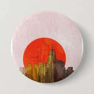 Badge Rond 7,6 Cm Skyline urbain avec Red Sun Grunge Cityscape