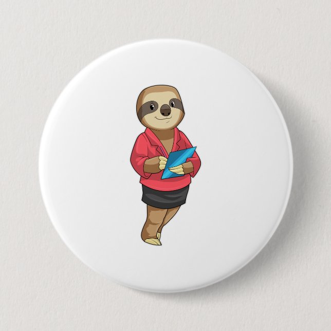 Badge Rond 7,6 Cm Sloth en tant que secrétaire avec Bloc-notes (Devant)