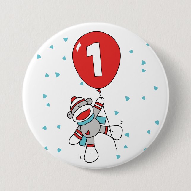 Badge Rond 7,6 Cm Sock Monkey premier anniversaire (Devant)