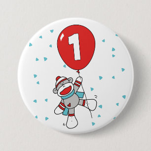 Badge Rond 7,6 Cm Sock Monkey premier anniversaire