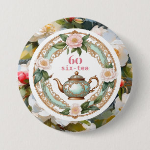 Badge Rond 7,6 Cm Soixante Thé Amoureux Théière Feuille Fleur 60e An